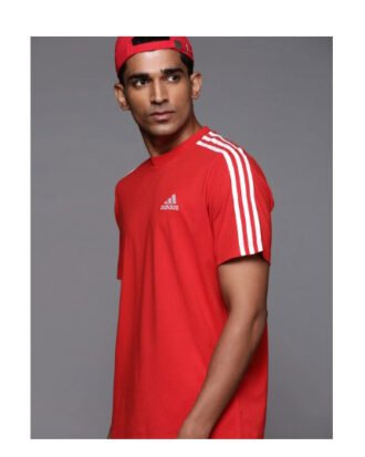 Adidas Striped Men Round Neck Red T-Shirt